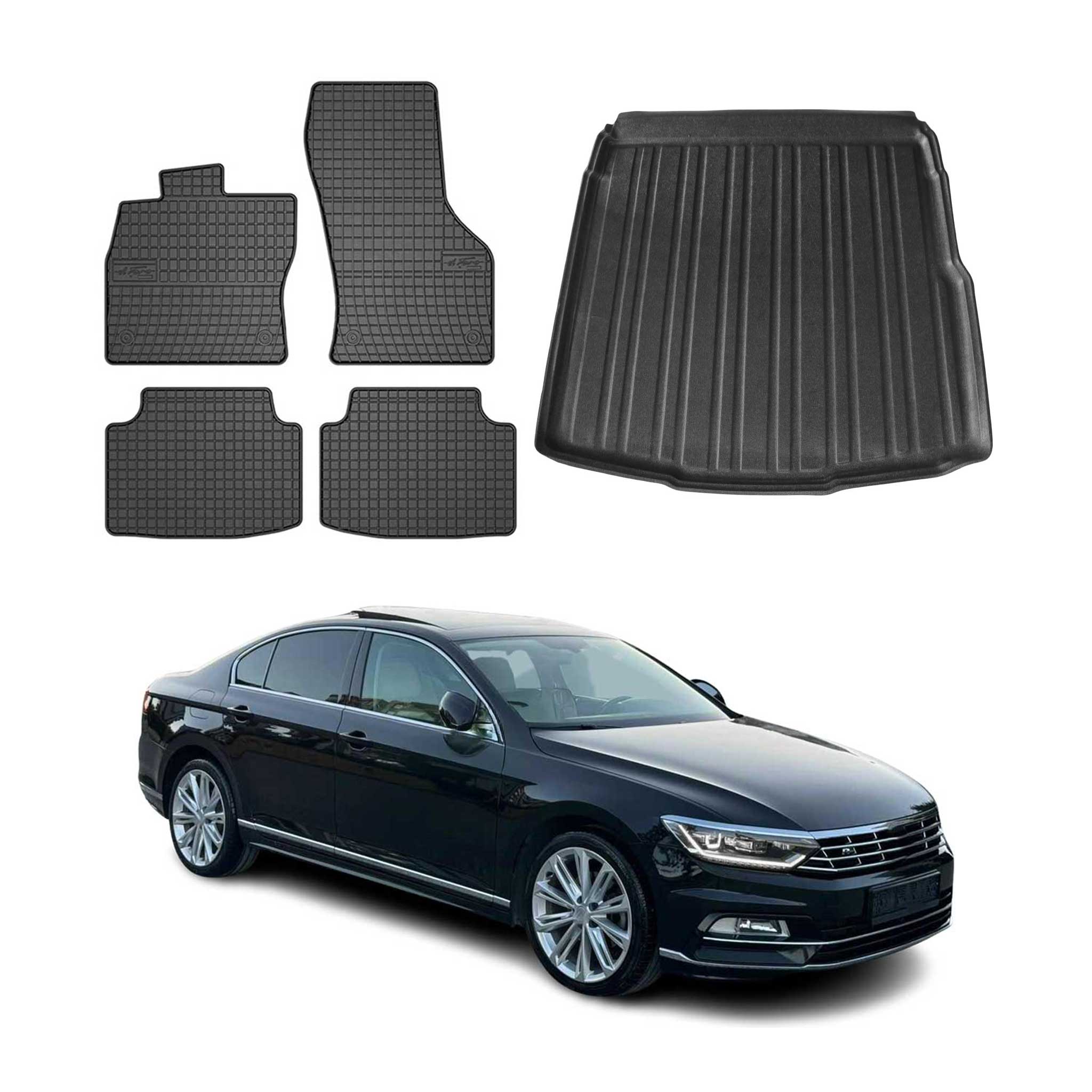 Kit Tapis de sol et coffre pour VW Passat B8 2014-2023 Berline TPE Noir