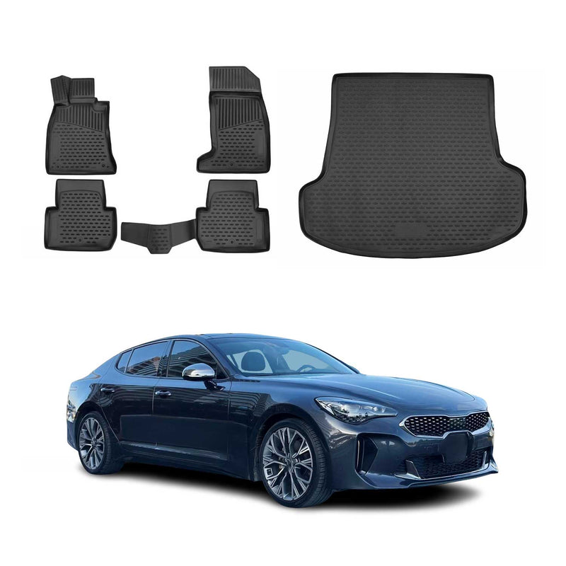 Kit Tapis de sol et coffre pour Kia Stinger 2017-2024 en Caoutchouc TPE Noir