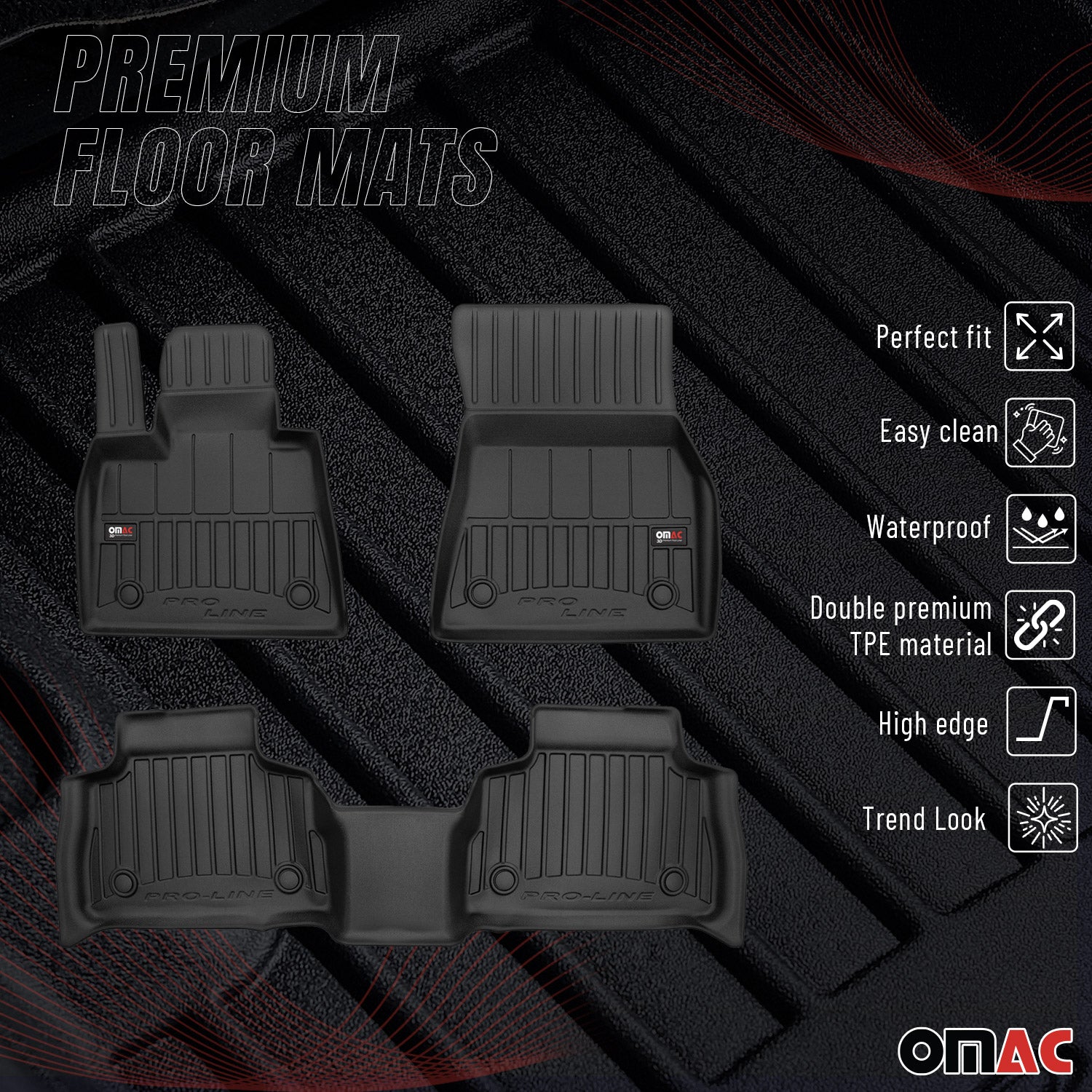 OMAC Tapis de sol caoutchouc pour BMW X6 G06 2019-2026 3 pièces Noir Premium