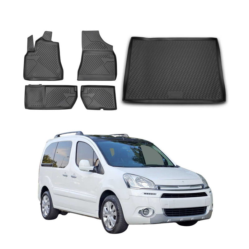 Kit Tapis de sol et coffre pour Citroen Berlingo 2008-2018 en Caoutchouc Noir