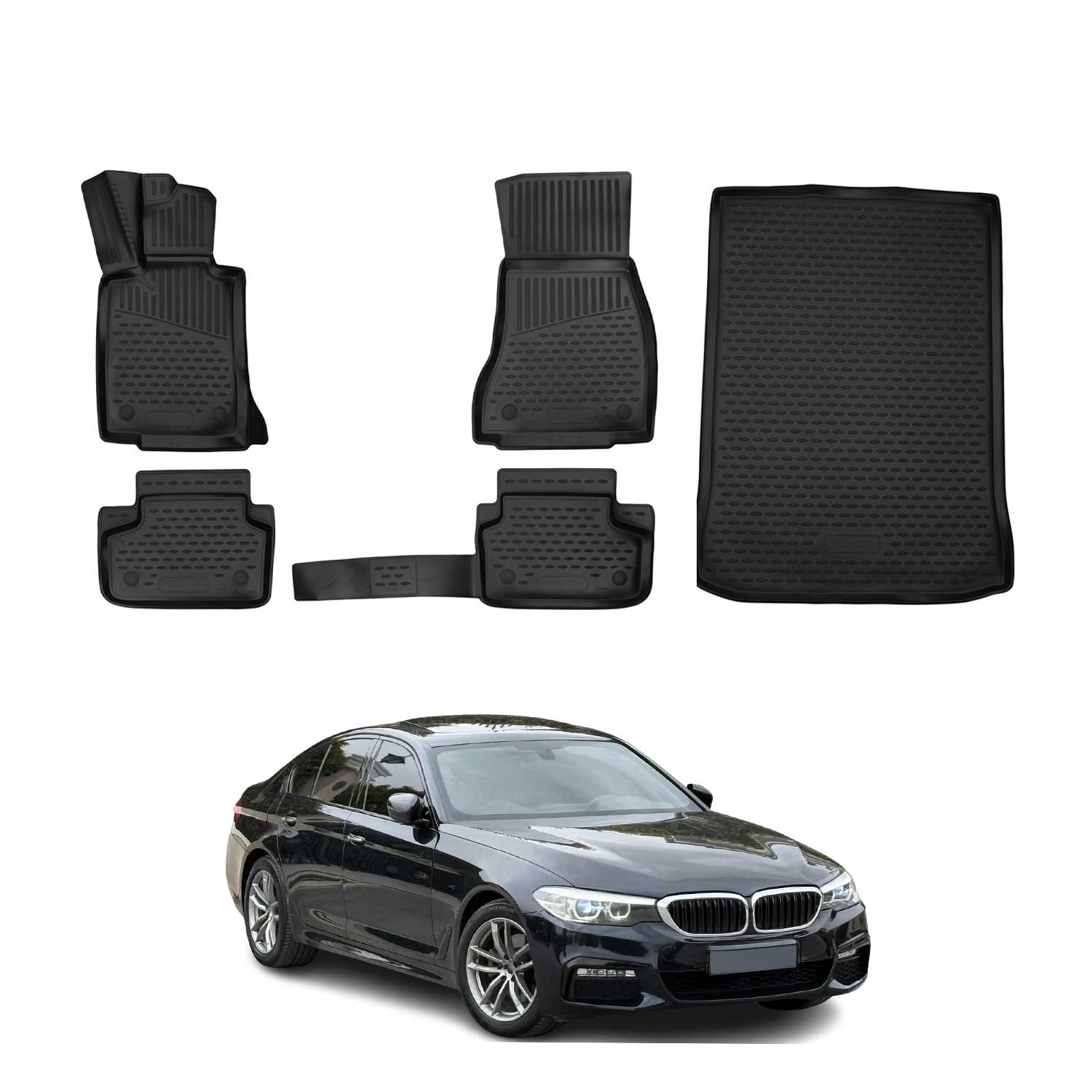 Kit Tapis de sol et coffre pour BMW Série 5 G30 M5 F90 2016-2023 Caoutchouc Noir