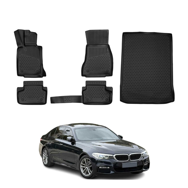Kit Tapis de sol et coffre pour BMW Série 5 G30 M5 F90 2016-2023 Caoutchouc Noir