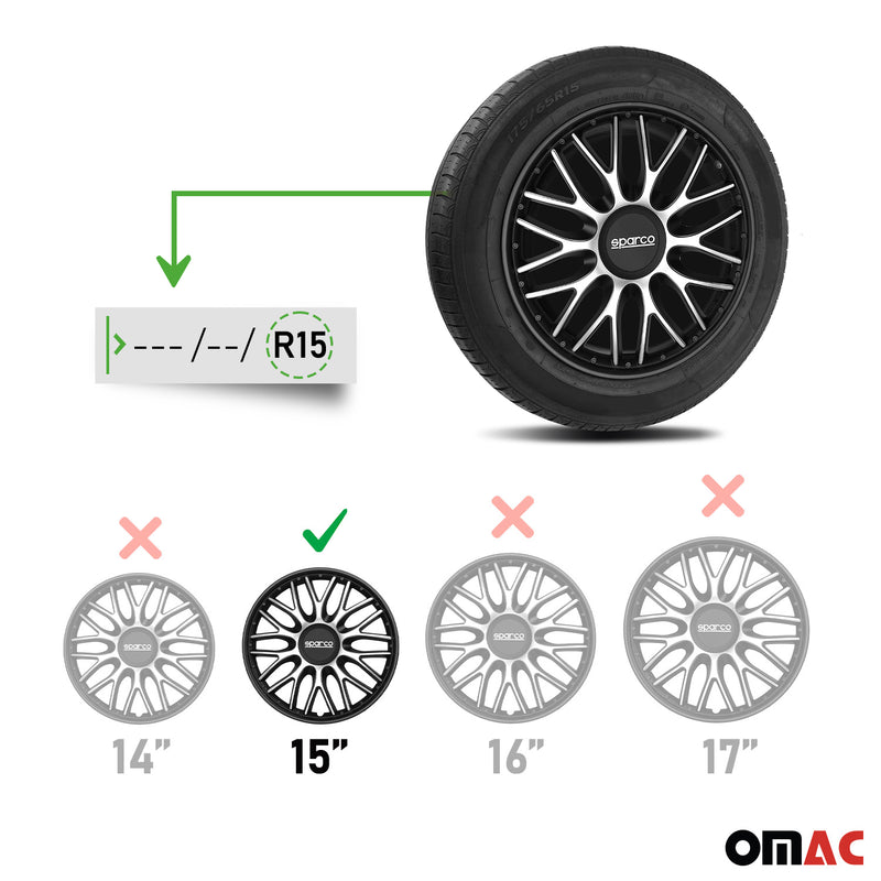 SPARCO Jeu Enjoliveurs de Roues 15 Pouces Argenté Noir en ABS 4 piéces