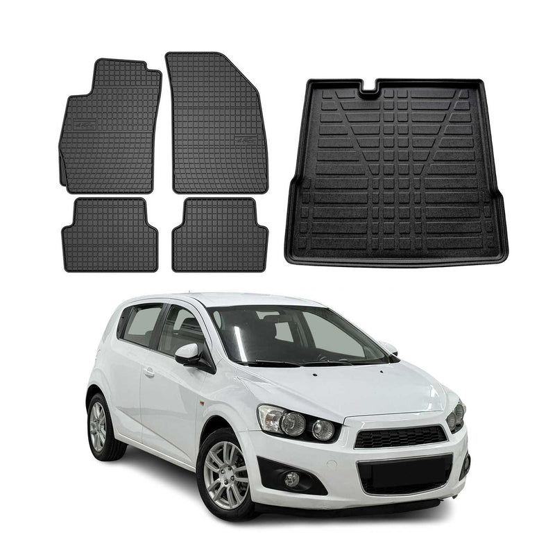 Kit Tapis de sol et coffre pour Chevrolet Aveo 2011-2024 Berline TPE Noir
