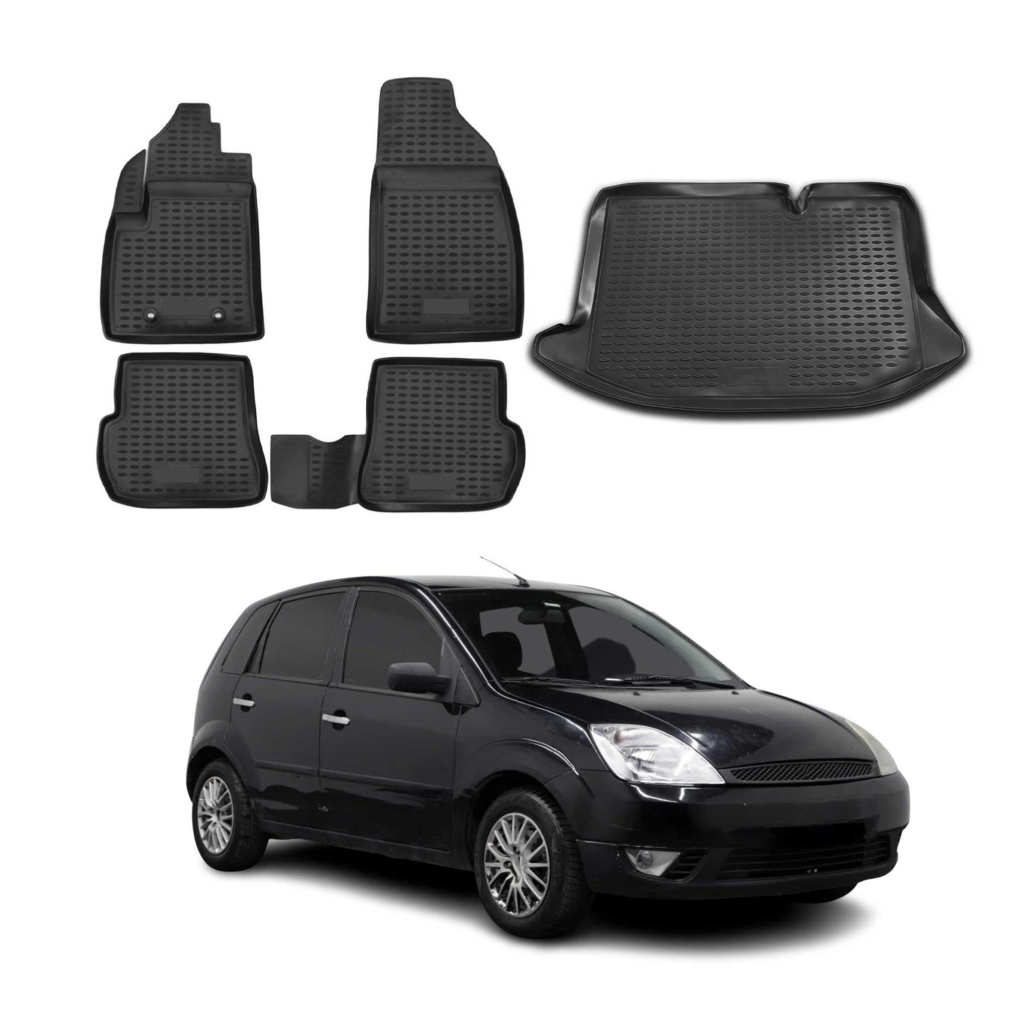 Kit Tapis de sol et coffre pour Ford Fiesta 2001-2008 en Caoutchouc TPE Noir