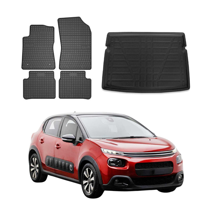 Kit Tapis de sol et coffre pour Citroen C3 2016-2024 HB en Caoutchouc Noir
