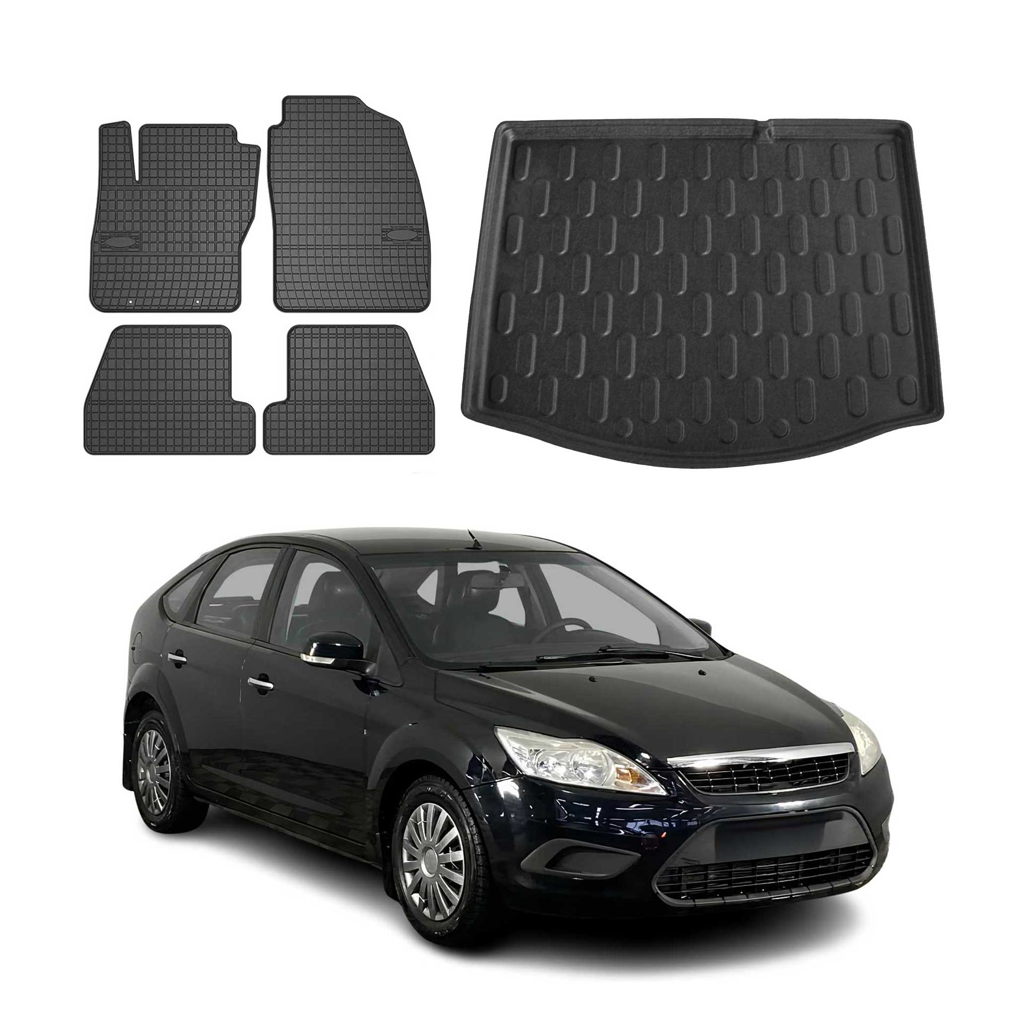 Kit Tapis de sol et coffre pour Ford Focus mk2 2004-2011 5Portes Caoutchouc Noir