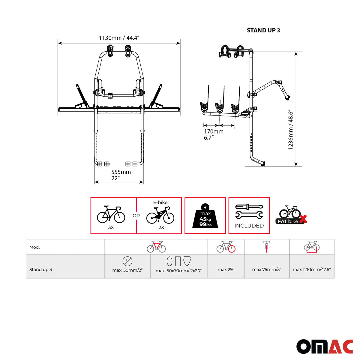 MENABO Porte-vélos plateforme pour coffre hayon transport de 3 Vélos en Aluminum