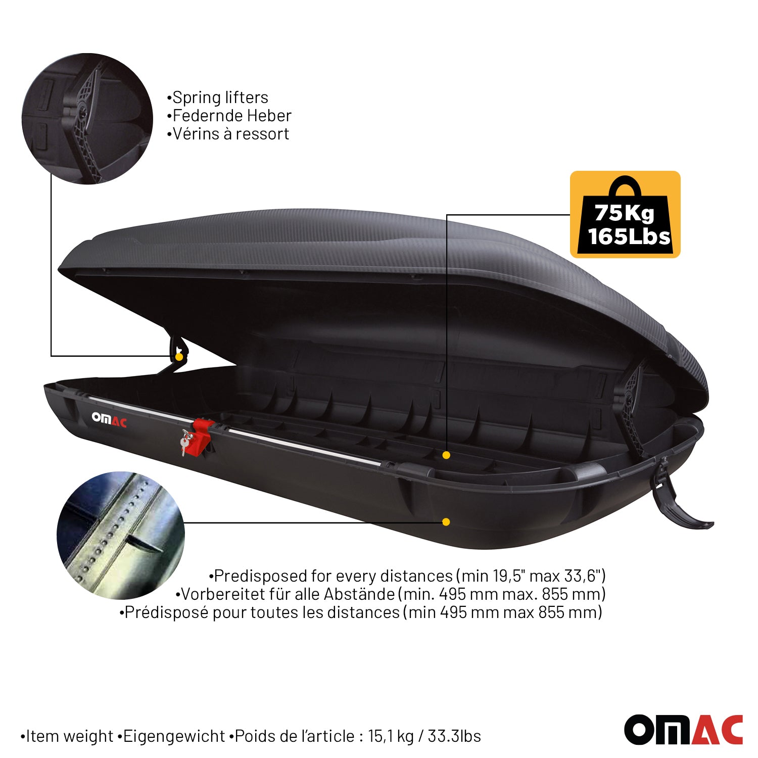 OMAC Coffre de toit 400 litres en fibre de carbone texturée homologué