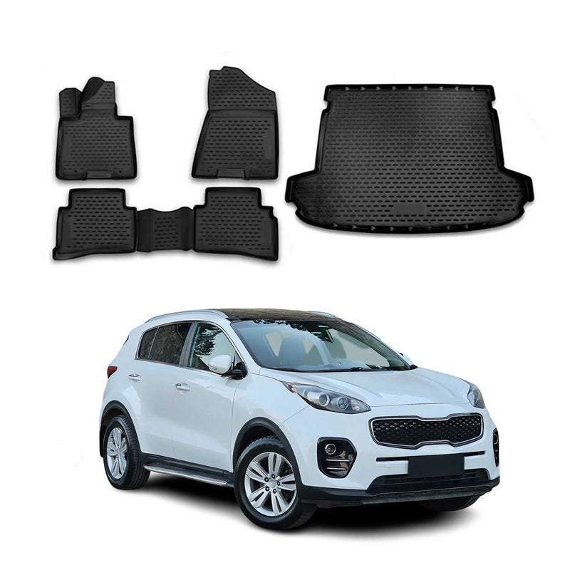 Kit Tapis de sol et coffre pour Kia Sportage 2016-2021 en Caoutchouc TPE Noir