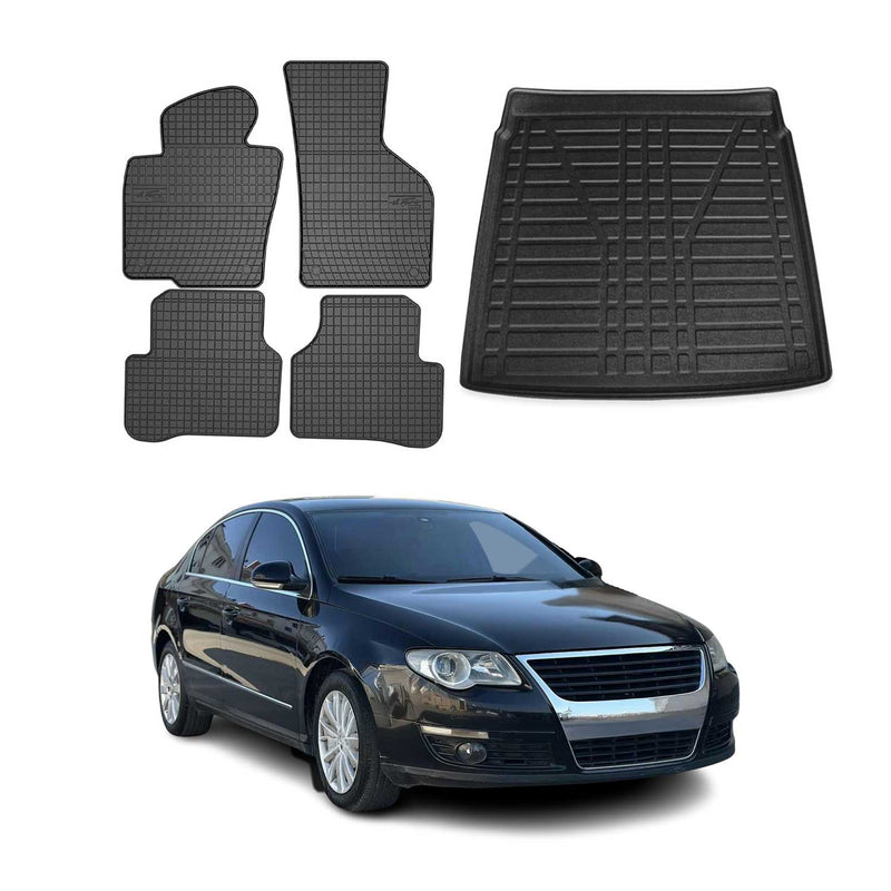 Kit Tapis de sol et coffre pour VW Passat 2005-2010 Noir TPE