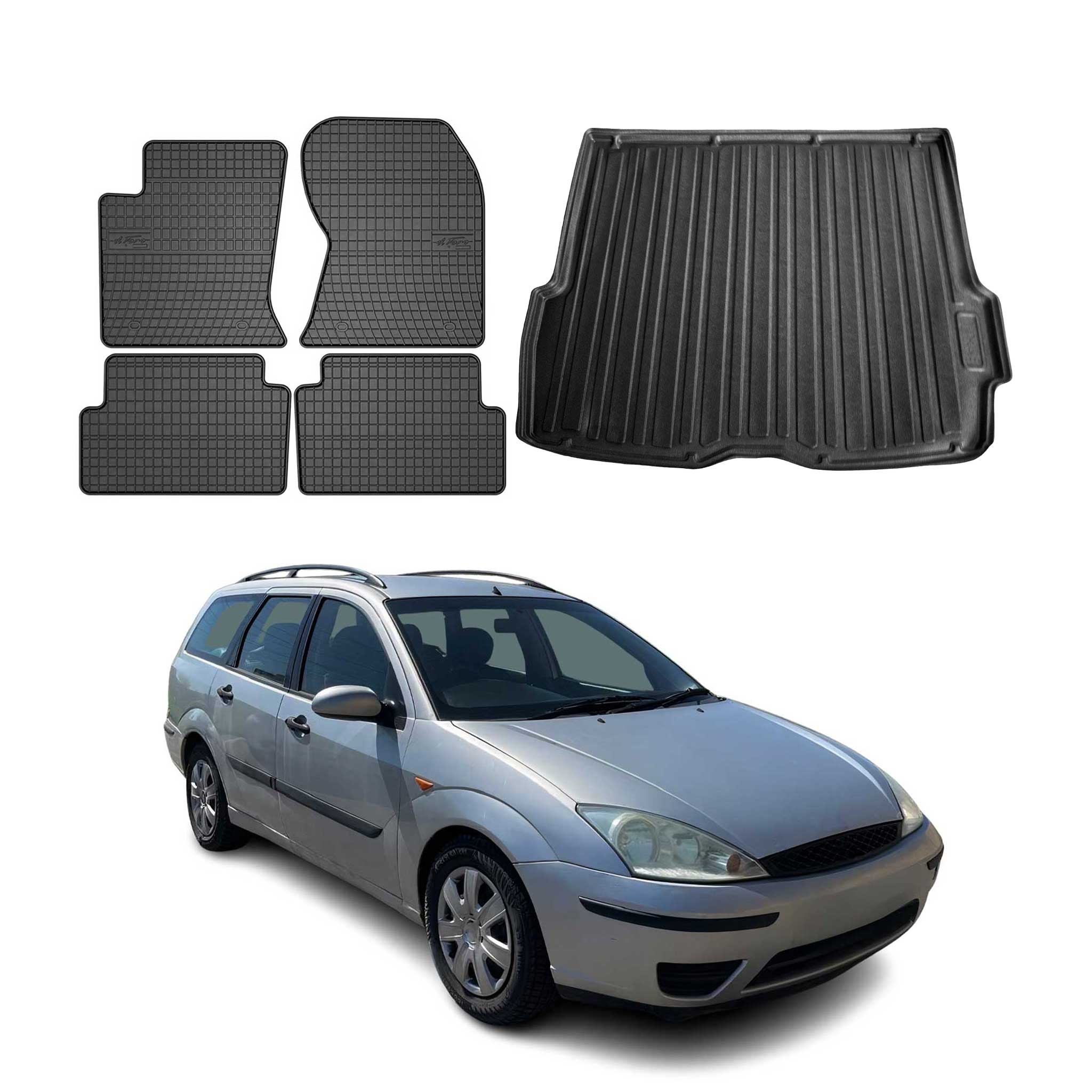 Kit Tapis de sol et coffre pour Ford Focus mk1 1998-2004 Break TPE Noir