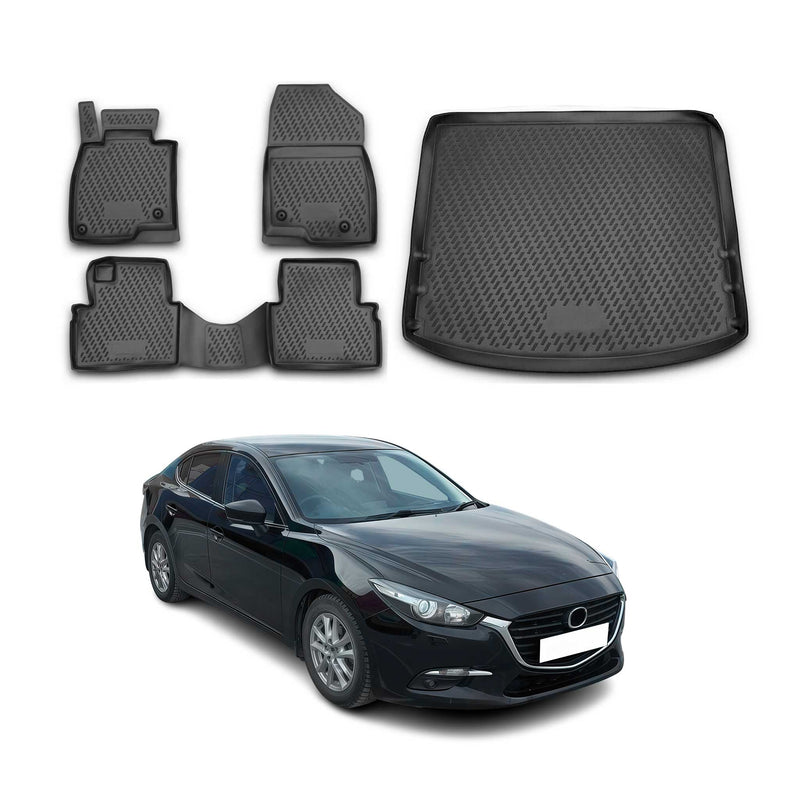 Kit Tapis de sol et coffre pour Mazda 3 2013-2018 HB en Caoutchouc TPE Noir