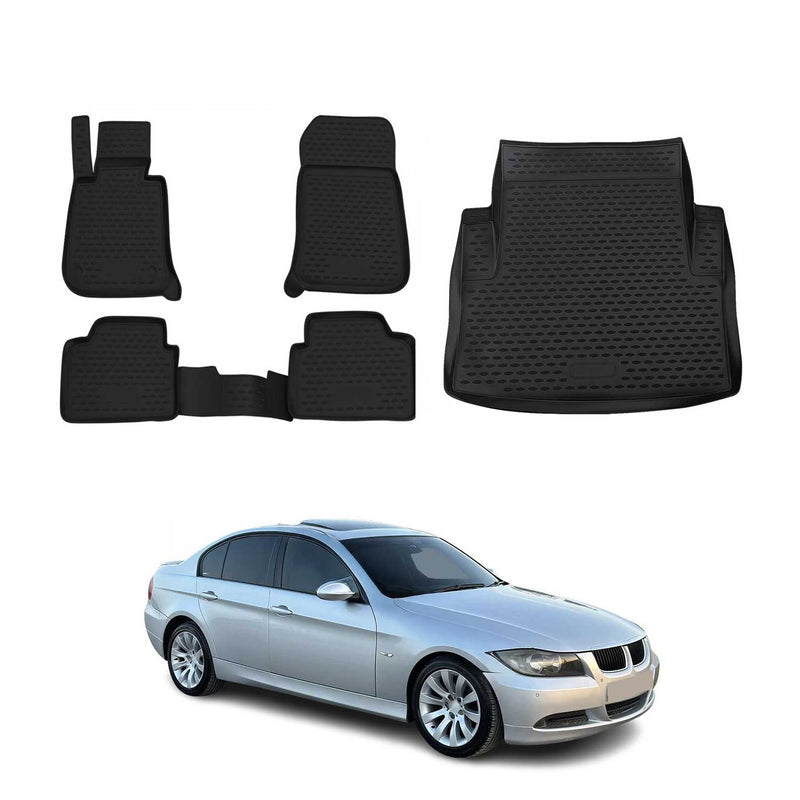 Kit Tapis de sol et coffre pour BMW Série 3 E90 2004-2011 en Caoutchouc TPE Noir