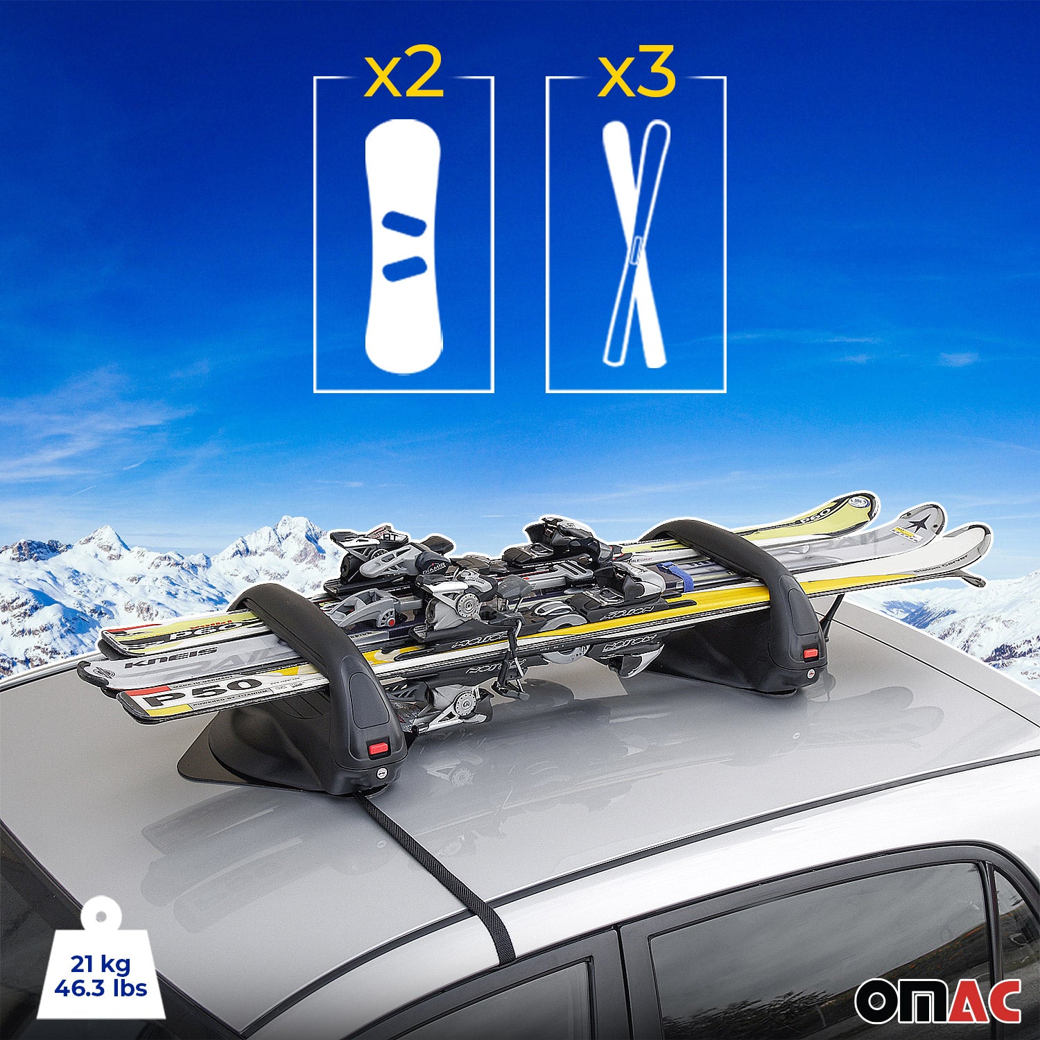 OMAC Menabo Porte-Skis Magnétique Porte-Snowboard Universel Verrouillable Noir