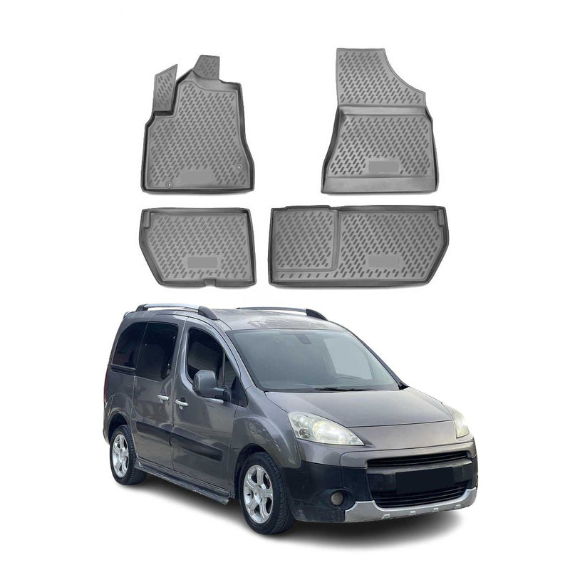 Tapis de sol pour Peugeot Partner 2008-2018 en caoutchouc TPE 3D Gris 4Pcs