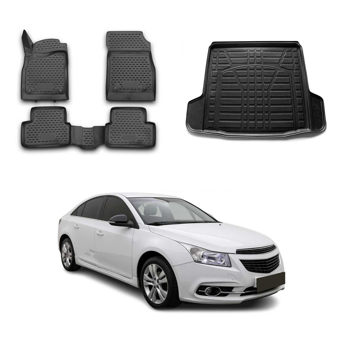 Kit Tapis de Sol et Coffre pour Chevrolet Cruze Berline 2009-12 Pre-FL Noir TPE