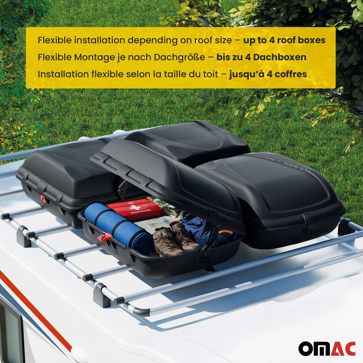 OMAC Coffre de toit 270 litres en fibre de carbone texturée homologué