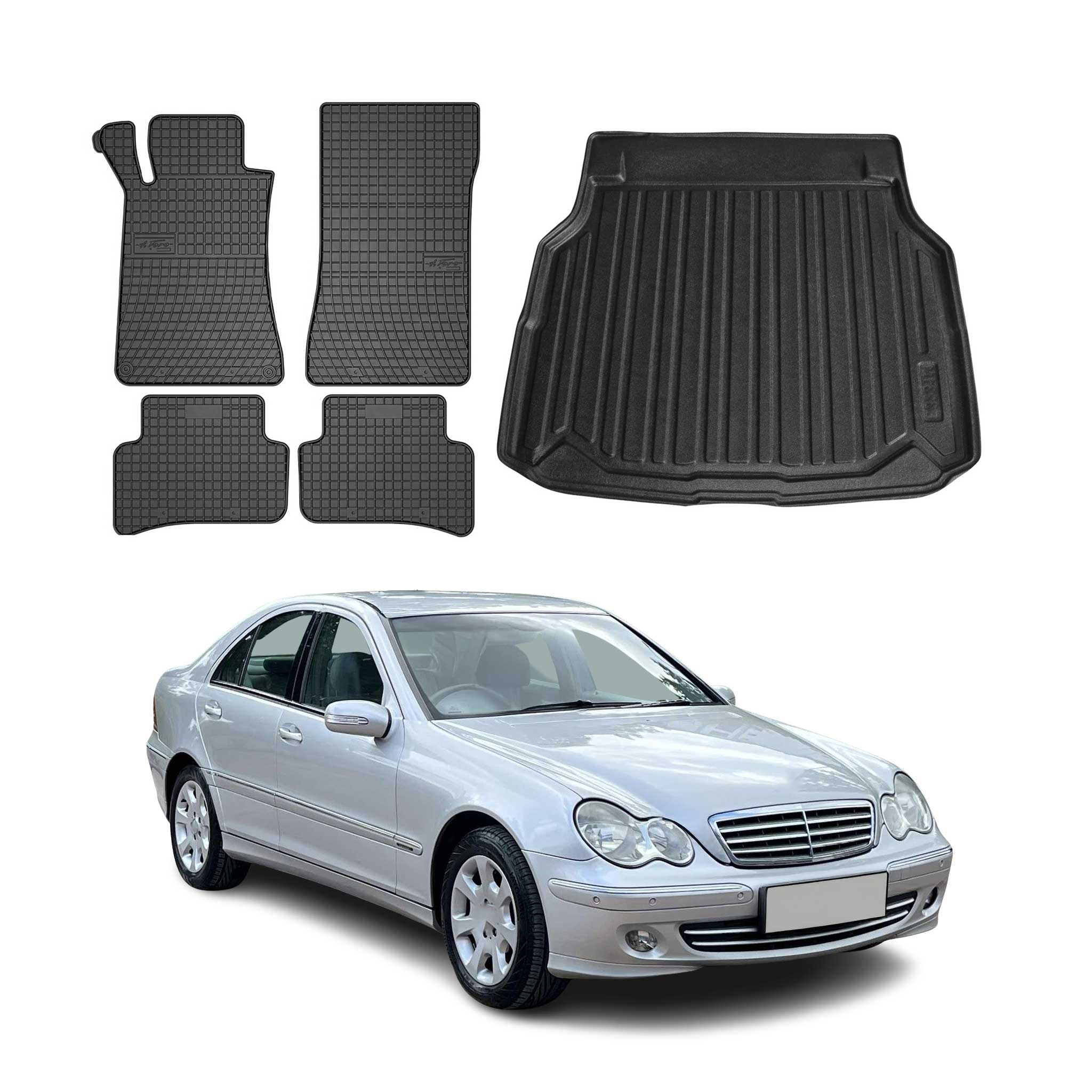 Kit Tapis de sol et coffre pour Mercedes Classe C W203 2000-2007 TPE Noir