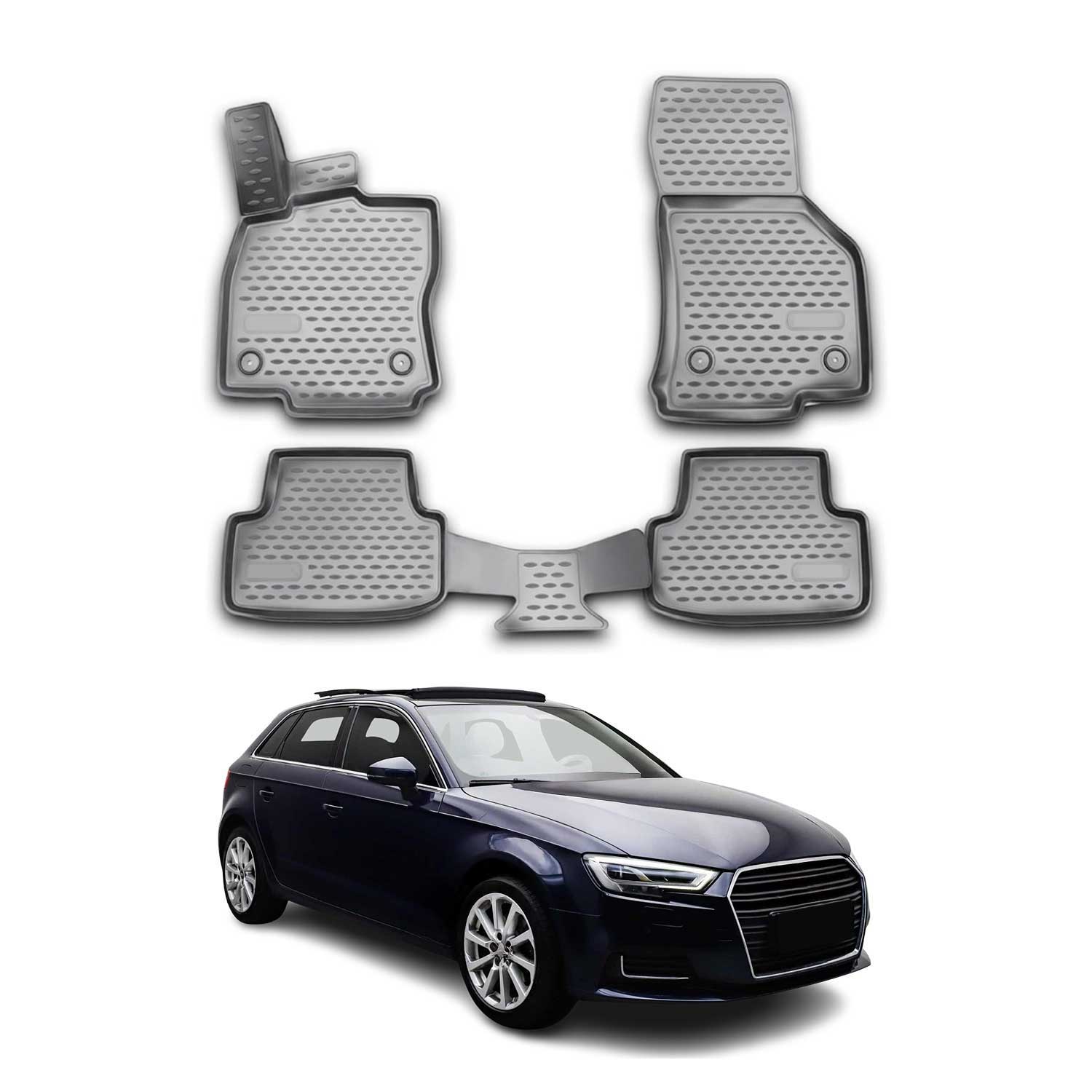 Tapis de sol pour Audi A3 Berline Sportback 2012-2020 en caoutchouc TPE 3D Gris 4x