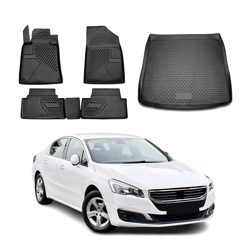 Kit Tapis de sol et coffre pour Peugeot 508 2010-2018 en Caoutchouc TPE Noir