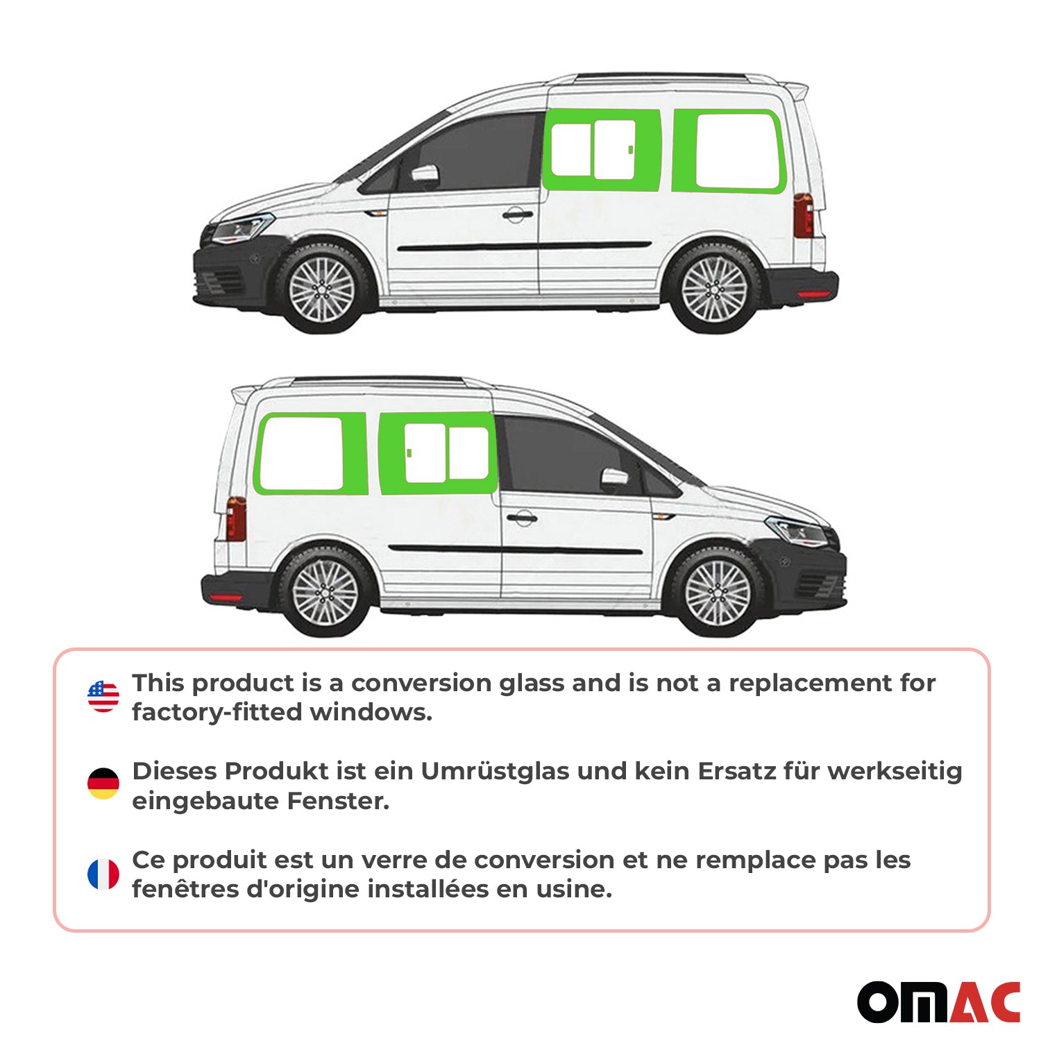 Vitres de Fenêtres Latérales Coulissantes Arriéres pour VW Caddy 2003-2020 L1 2x