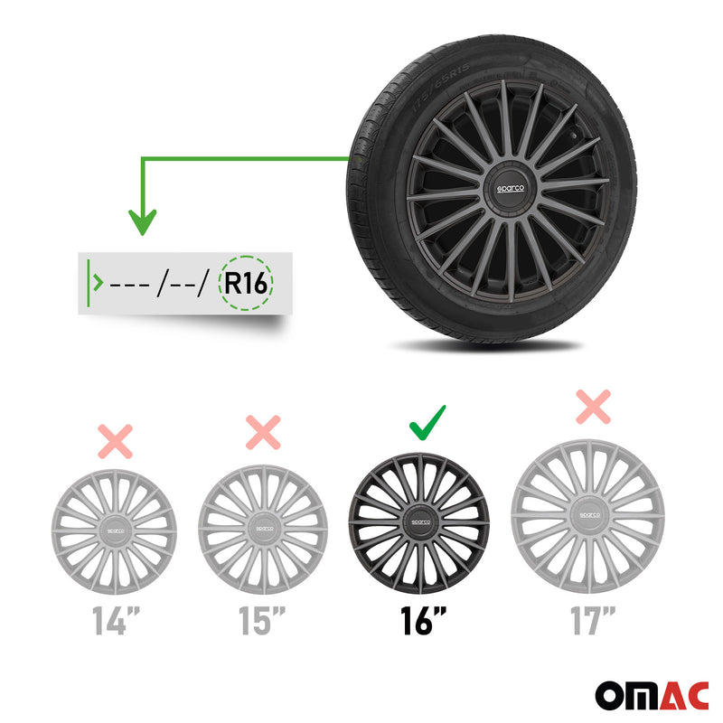 SPARCO Jeu Enjoliveurs de Roues 16 Pouces Noir Gris en ABS 4 piéces