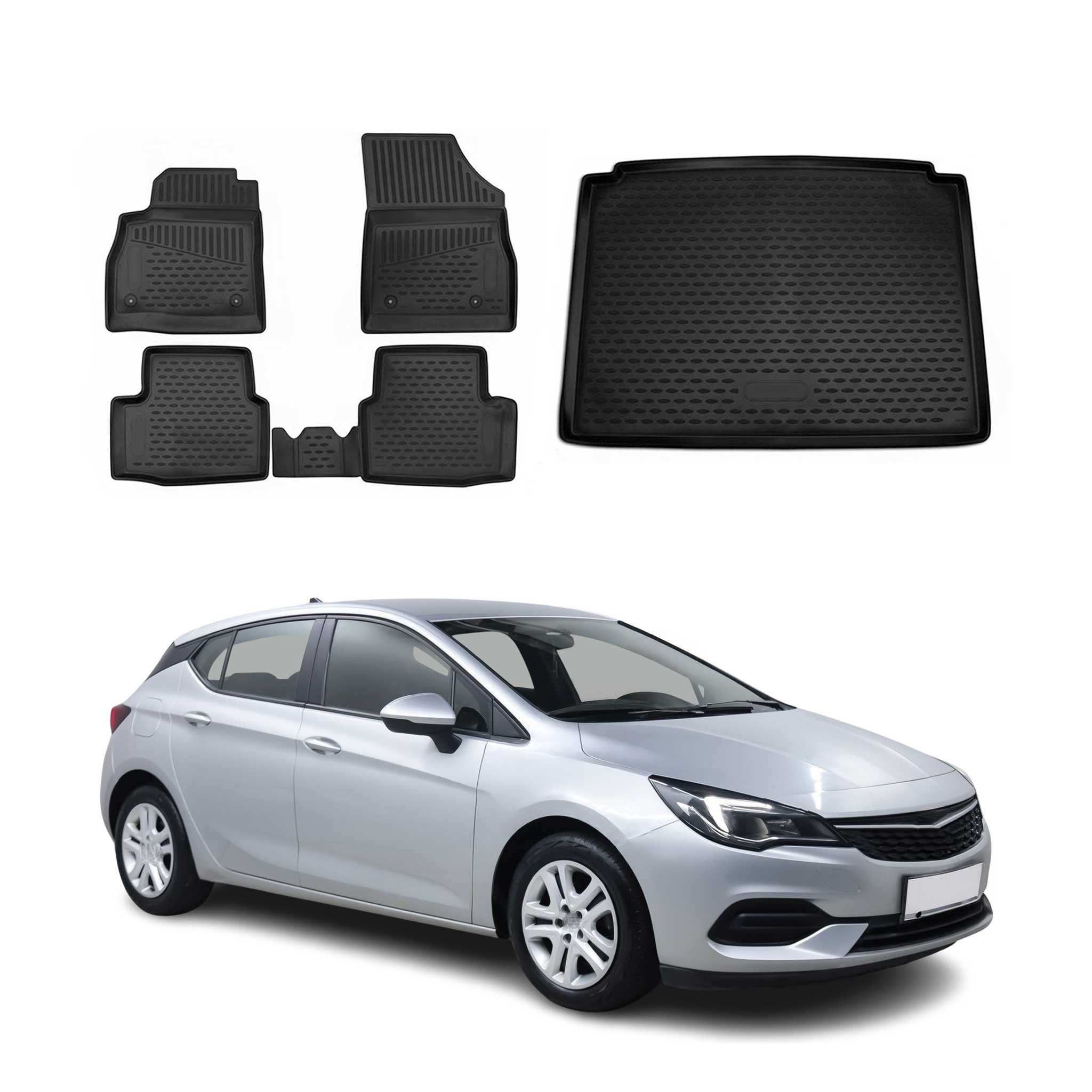 Kit Tapis de sol et coffre pour Opel Astra K 2015-2021 HB en Caoutchouc TPE Noir