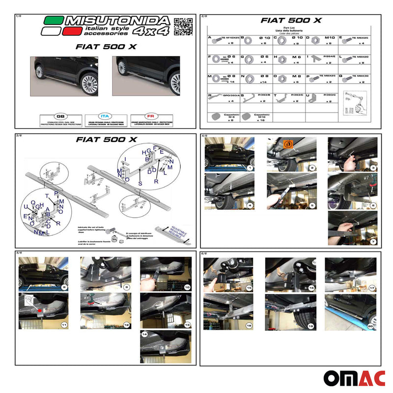 Marchepieds Latéraux pour Fiat 500X 2014-2018 Acier Inoxydable Noir