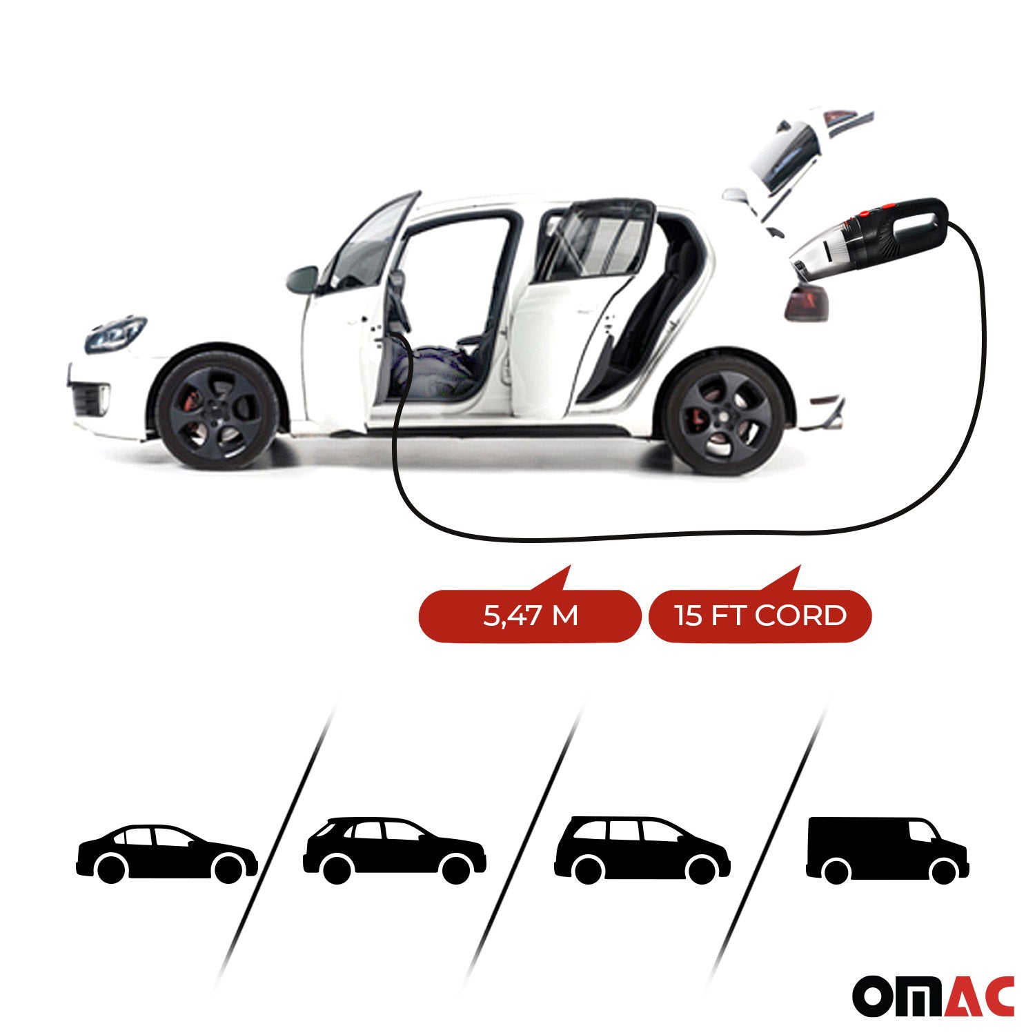OMAC Aspirateur à Main Voiture Portable 100W Nettoyage Humide et Sec - 2 Filtres HEPA -Avec sac de rangement